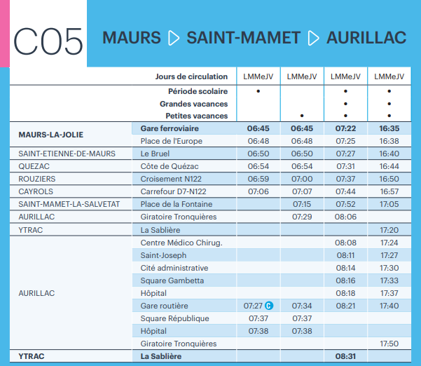 Horaires ligne C05 Maurs-Aurillac